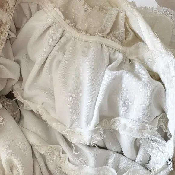 Vintage 50s Handmade Ivory Swiss Dot Lace Tiered Ruffle High Neck Dress Size S/6 - Picture 9 of 10